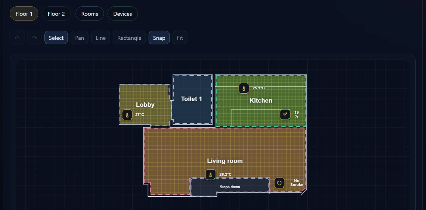 The floor plan editor: floor tabs, drawing tools, and rooms marked out on an imported plan.